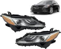 Headlight Assembly Replacement For Toyota 2018 2019 2020 Camry XLE/Hybrid XLE/XSE LED Headlamp Set with Bulb, Right & Left Side - Pair TO2503256, TO2502256 / OEM 81110-06D70, 81150-06D70